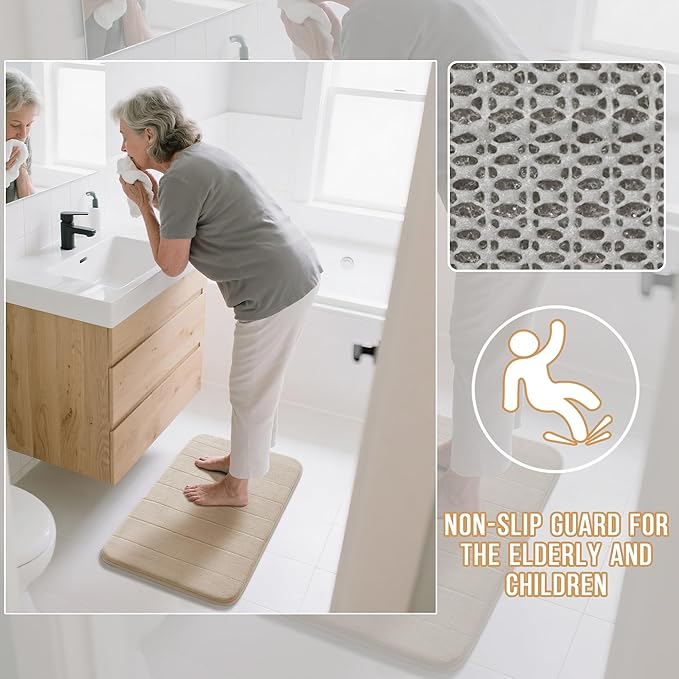 Yimobra Bathroom Runner 60"x24", Non Slip Memory Foam Bath Mat, Super Soft Water Absorbent Hallway Carpet, Machine Washable Rug for Vanity Tub Shower, Beige