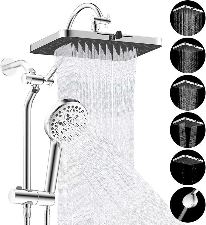 Hibbent Upgraded cUPC Certified 13'' Shower Head Combo, High Pressure 5 Spray Rainfall Showerhead with 10 Spray Modes Handheld, All Metal 3-way Diverter Shower Arm, 71'' Hose and Holder, Chrome