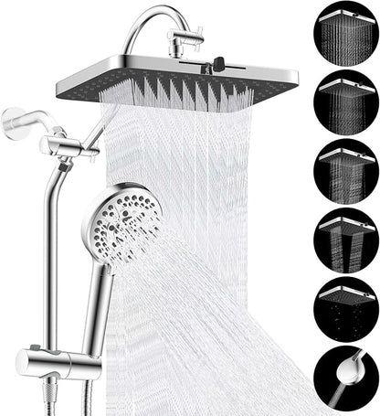 Hibbent Upgraded cUPC Certified 13'' Shower Head Combo, High Pressure 5 Spray Rainfall Showerhead with 10 Spray Modes Handheld, All Metal 3-way Diverter Shower Arm, 71'' Hose and Holder, Chrome