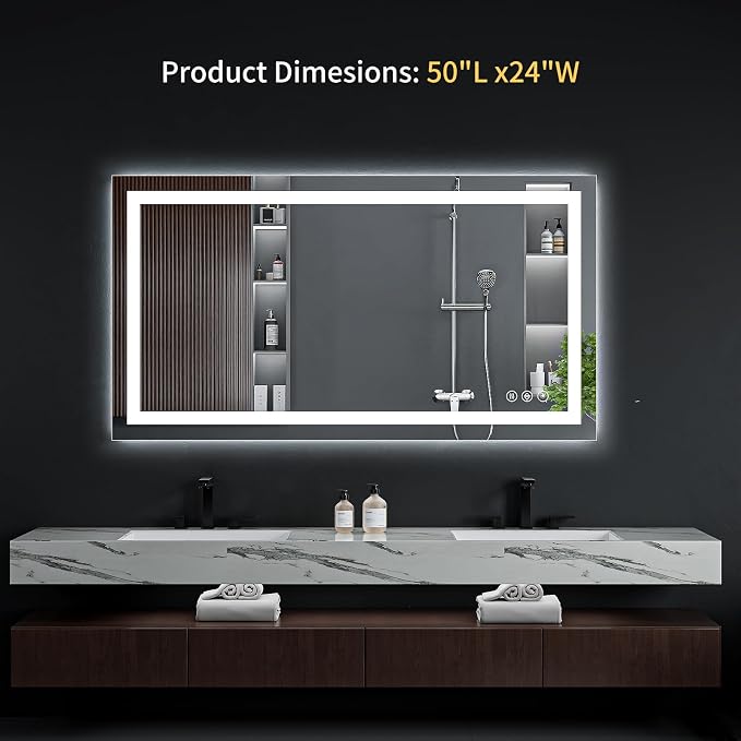 24"x50" LED Bathroom Mirror with Lights, Anti-Fog, Backlit+Frontlit | CRI 95, Stepless Dimmable, 3 Colors Lighting, Shatterproof Tempered Glass, HD Reflection, Memory, (Horizontal/Vertical)