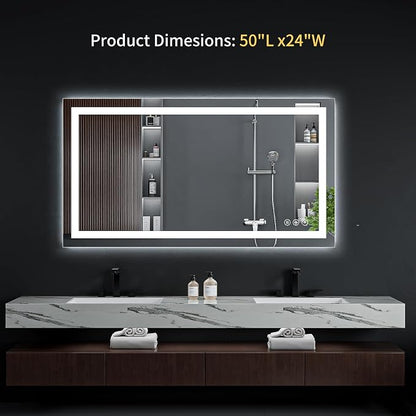 24"x50" LED Bathroom Mirror with Lights, Anti-Fog, Backlit+Frontlit | CRI 95, Stepless Dimmable, 3 Colors Lighting, Shatterproof Tempered Glass, HD Reflection, Memory, (Horizontal/Vertical)
