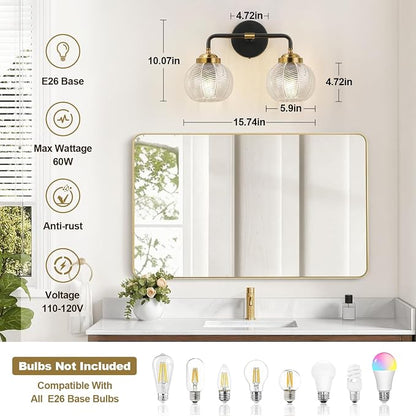MOKATNG Bathroom Light Fixtures, 2-Light Clear Vanity Lights with Unique Leaf Texture Glass Shade, Modern Matte Black and Gold Bathroom Wall Lamp for Mirror Hallway Cabinet Living Room