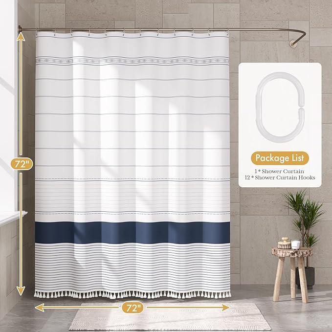 AmazerBath Boho Shower Curtain Set, Rustic Faux Linen Navy Blue Striped Shower Curtain with Hooks, Modern Farmhouse Shower Curtain with Tassels, White Base Toned, 72x72 Inches