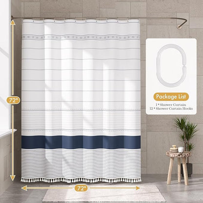 AmazerBath Boho Shower Curtain Set, Rustic Faux Linen Navy Blue Striped Shower Curtain with Hooks, Modern Farmhouse Shower Curtain with Tassels, White Base Toned, 72x72 Inches