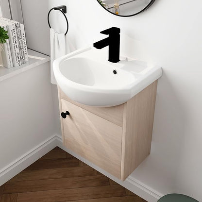 18" Bathroom Vanity with Sink, 18 Inch Floating Vanity for Small Space, Modern Single Sink Bathroom Vanity Combo, Brown Wall Mounted Cabinet Set (BN-023)