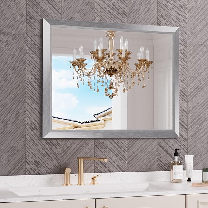 Bathroom Mirror for Wall, 40x32 Inch (Brushed Silver) | HD Reflection, Tempered Glass, Thick Metal Framed Rectangle Mirrors for Over Sink, Bedroom, Living Room, Entryway, Anti-Rust