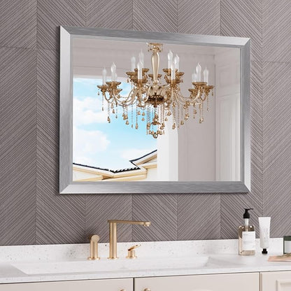 Bathroom Mirror for Wall, 40x32 Inch (Brushed Silver) | HD Reflection, Tempered Glass, Thick Metal Framed Rectangle Mirrors for Over Sink, Bedroom, Living Room, Entryway, Anti-Rust