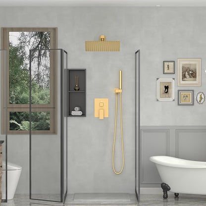 12 In Rain Shower Head High Pressure Rainfall Shower Head Brushed Gold | Square Rain Bathroom Showerhead, High Flow, Large Stainless Steel, Ceiling Mounted, Wall Mounted, Waterfall Full Body