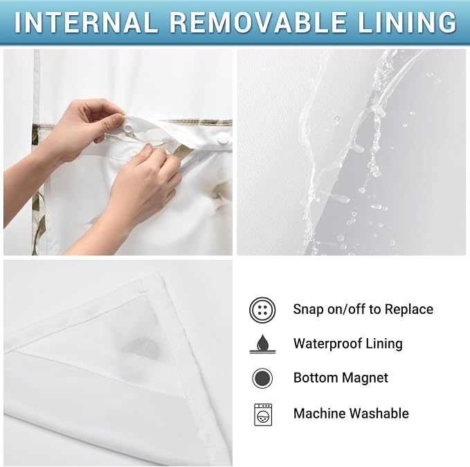 No Hook Floral Shower Curtain with Liner, Eucalyptus Taupe, 71x74 | Snap in Liner, 3 in 1, Water Repellent, Easy Install, Machine Washable, Hotel Style for Bathroom, Watercolor Pattern
