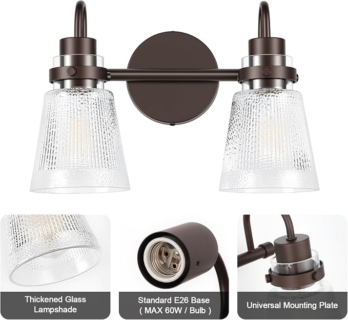 2-Light Bathroom Vanity Light, 13.8 Inch Farmhouse Bathroom Light Fixtures with Clear Striped Glass Shade, Oil Rubbed Bronze Wall Sconce Lighting Over Mirror for Bedroom Hallway Cabinet