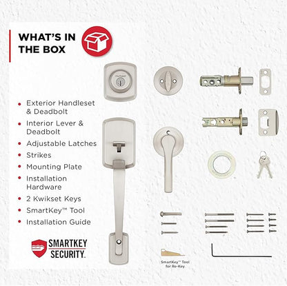 Kwikset Henley Front Door Lock Handle and Deadbolt Set, Entry Handleset Exterior with Interior Reversible Lever, Satin Nickel, Pick Resistant SmartKey Rekey Deadbolt Security, with Microban Protection