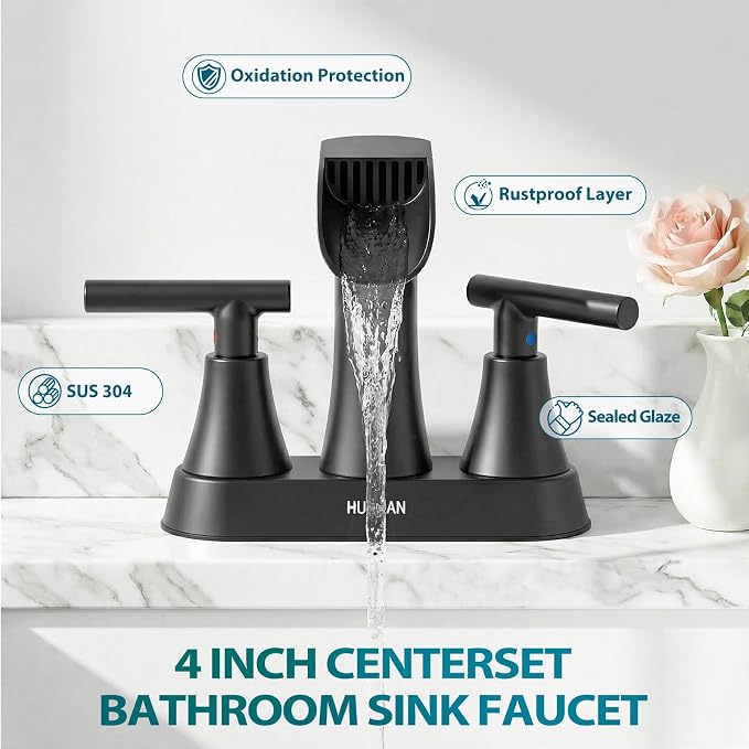 Waterfall Bathroom Faucets 3 Hole, HURRAN 4 Inch Centerset Bathroom Sink Faucet with Pop-up Drain, Stainless Steel 2 Handle Modern Sink Faucet Mixer Tap for Vanity RV Restroom Basin, Matte Black
