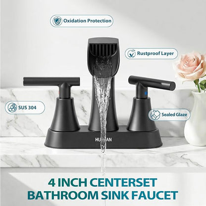 Waterfall Bathroom Faucets 3 Hole, HURRAN 4 Inch Centerset Bathroom Sink Faucet with Pop-up Drain, Stainless Steel 2 Handle Modern Sink Faucet Mixer Tap for Vanity RV Restroom Basin, Matte Black