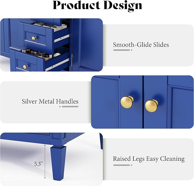 AMERLIFE 60" Bathroom Vanity with Double Sink, Modern Solid Wood Vanity Cabinet, 30-Minute Easy Assembly, 3 Storage Drawers & Adjustable Shelves, Navy Blue