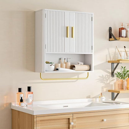 Bathroom Cabinet Wall Mount with Fluted Door Panel & Adjustable Shelf, Medicine Cabinet with Open Partition and Towel Bar, Wall Storage Cabinet for Laundry Room & Kitchen (White)