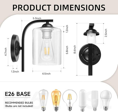 CANMEIJIA Wall Sconce 2 Light, Modern Wall Lighting Fixture, Bathroom Vanity Lights with Matte Black Wall Lamp for Bedroom Kitchen Hallway Porch, Clear Glass Shade, E26 Socket, Bulbs Not Included