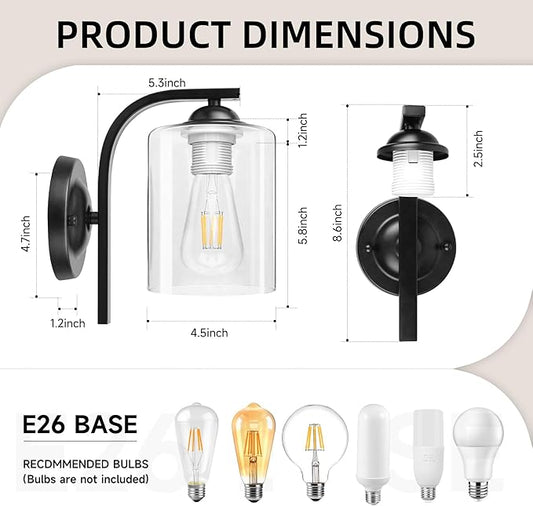 CANMEIJIA Wall Sconce 2 Light, Modern Wall Lighting Fixture, Bathroom Vanity Lights with Matte Black Wall Lamp for Bedroom Kitchen Hallway Porch, Clear Glass Shade, E26 Socket, Bulbs Not Included