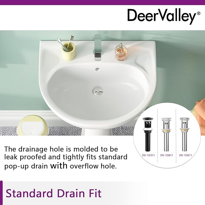 DeerValley Ally 20x16.54 Inch U-Shape White Ceramic Pedestal Sink with Overflow, Modern Bathroom Pedestal Sink, DV-1P525