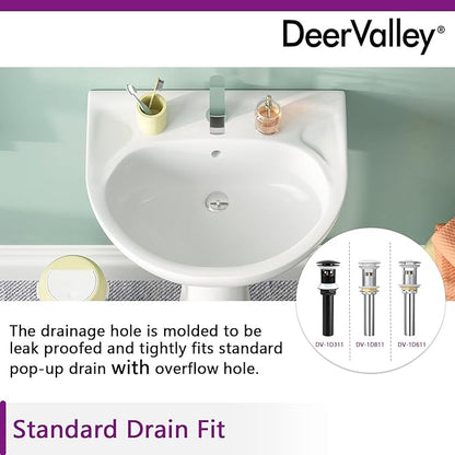 DeerValley Ally 20x16.54 Inch U-Shape White Ceramic Pedestal Sink with Overflow, Modern Bathroom Pedestal Sink, DV-1P525