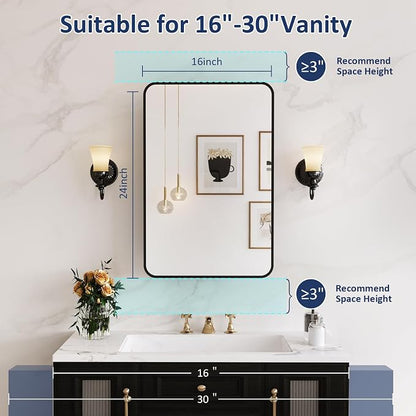 Medicine Cabinet Mirror 16x24 Inch, Black Bathroom Mirror Cabinet with Stepless Adjustable Shelves, Rounded Rectangle Metal Framed, Bathroom Mirror with Storage Recessed or Wall Mount