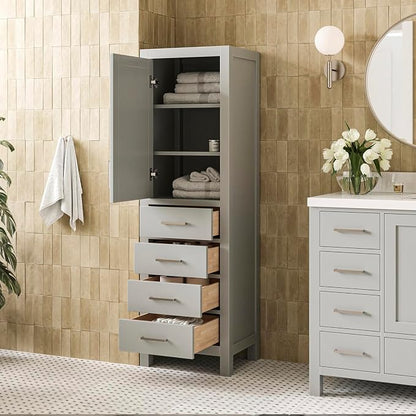 ARIEL Cambridge Bathroom Storage Cabinet - Solid Hevea Wood and Fully Assembled for Long-Lasting Durability and Sophisticated Finish, Freestanding Linen Bathroom Cabinet - 65”H x 20”W x 16”D, Grey