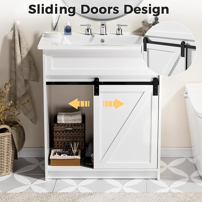 30" Bathroom Vanity with Sink, Bathroom Vanity Set with Sliding Barn Door & 3 Drawers, Freestanding Bathroom Vanities with Metal Handle, Farmhouse Bathroom Cabinet, White