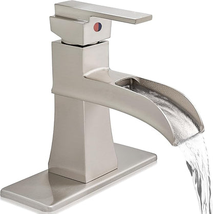 Single Hole Bathroom Faucet 3 Hole (4 Inch), Brass Waterfall Faucet Single Handle, Bathroom Faucets Brushed Nickel Bathroom Sink Faucet with Deck Plate & Pre-Install Hoses Without Pop-up Drain