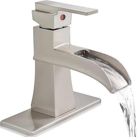 Single Hole Bathroom Faucet 3 Hole (4 Inch), Brass Waterfall Faucet Single Handle, Bathroom Faucets Brushed Nickel Bathroom Sink Faucet with Deck Plate & Pre-Install Hoses Without Pop-up Drain