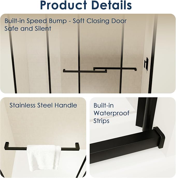 56–60" W x 72" H Semi-Frameless Double Sliding Shower Door | 27.6" Walk-In Opening, 1/4" SGCC Tempered Glass Bypass Door, Matte Black, Reversible Installation