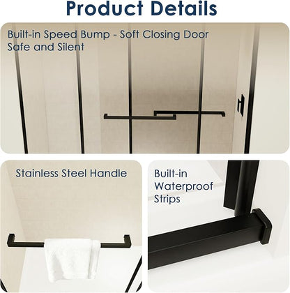 56–60" W x 72" H Semi-Frameless Double Sliding Shower Door | 27.6" Walk-In Opening, 1/4" SGCC Tempered Glass Bypass Door, Matte Black, Reversible Installation