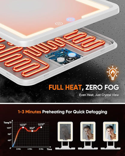 Heated Shower Mirror Fogless for Shaving (Gen 3) - 3 Colors Stepless Dimmable Lights, Anti-Fog Shaving Mirror with Razor Holder, No-Drilling, Removable - White
