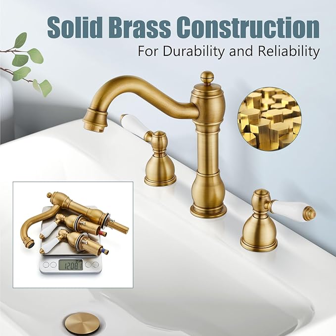 Aolemi 8 Inch Widespread Bathroom Sink Faucet 3 Hole Deck Mount Vanity Basin Mixer Tap with Pop Up Drain Assembly Antique Brass Double Ceramic Handle