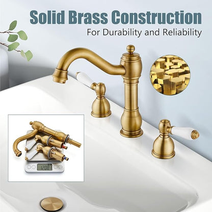 Aolemi 8 Inch Widespread Bathroom Sink Faucet 3 Hole Deck Mount Vanity Basin Mixer Tap with Pop Up Drain Assembly Antique Brass Double Ceramic Handle