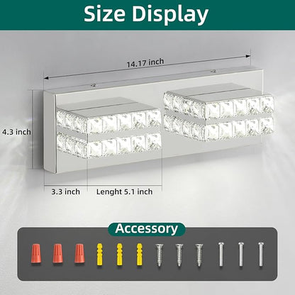 OKELI Crystal Bathroom Lighting Fixtures Over Mirror 2 Light Chrome Vanity Light Modern Vanity Wall Light for Washbasin, Dressing Table, 18W, Dimmable Cold White