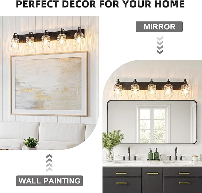 Bathroom Light Fixtures Over Mirror, 5 Lights Vanity Lights with Hammered Glass Shade, 37" Matte Black Farmhouse Bathroom Light Fixtures for Bedroom, Porch, Hotel, Mirror Cabinet