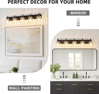 Bathroom Light Fixtures Over Mirror, 5 Lights Vanity Lights with Hammered Glass Shade, 37" Matte Black Farmhouse Bathroom Light Fixtures for Bedroom, Porch, Hotel, Mirror Cabinet
