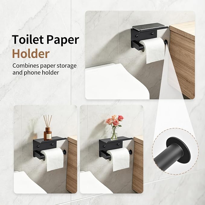 Wall Mounted Matte Black Bathroom Hardware Accessories Set, 5 Piece Complete Kit Including 23.6 Inch Towel Bar, Toilet Paper Holder, Towel Ring and Robe Hooks