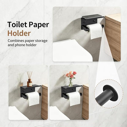 Wall Mounted Matte Black Bathroom Hardware Accessories Set, 5 Piece Complete Kit Including 23.6 Inch Towel Bar, Toilet Paper Holder, Towel Ring and Robe Hooks