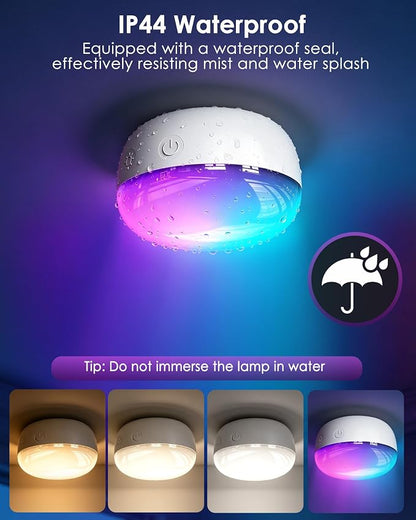 Rechargeable Shower Light, 4″ Round, 300LM Bright, 4000mAh Waterproof Shower Lamp with Remote, 15 RGB Colors & 3 CCT White, Dimmable Cordless LED Bathroom Light, Magnetic Mount Mood Lighting