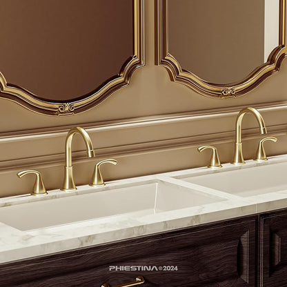 Phiestina 8 Inch 3 Hole 2 Handle Widespread Brushed Gold Bathroom Sink Faucet, Modern Bathroom Faucet with Metal Pop up Drain and Water Supply Lines, WFJC180-BG