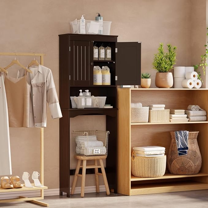 Gizoon Over the Toilet Storage Cabinet with Adjustable Shelf, Espresso | Bathroom Space Saver Organizer Above Toilet with Open Shelf and Double Doors, Taller Wooden Free Standing Toilet Rack