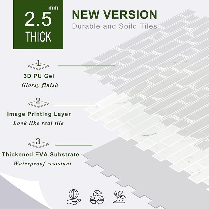 STICKGOO 10-Sheet White Marble Look Peel & Stick Backsplash, 12”X12” Stick on Wall Tiles for Kitchen Backspalsh (Thicker Design)