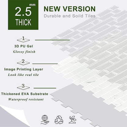 STICKGOO 10-Sheet White Marble Look Peel & Stick Backsplash, 12”X12” Stick on Wall Tiles for Kitchen Backspalsh (Thicker Design)