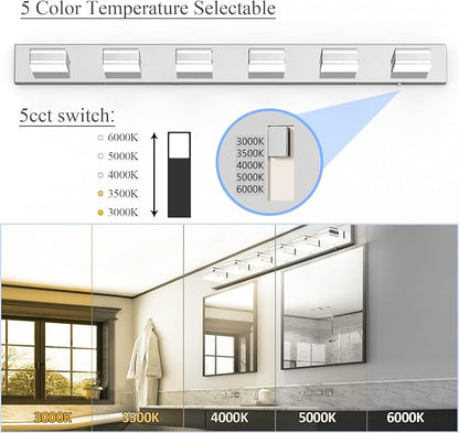 Ralbay 48inch Chrome Vanity Light for Bathroom with 5 Color Temperatures (3000K-6000K) Dimmable Stainless Steel Acrylic LED Modern Chrome Bathroom Light Fixtures (6-Light)
