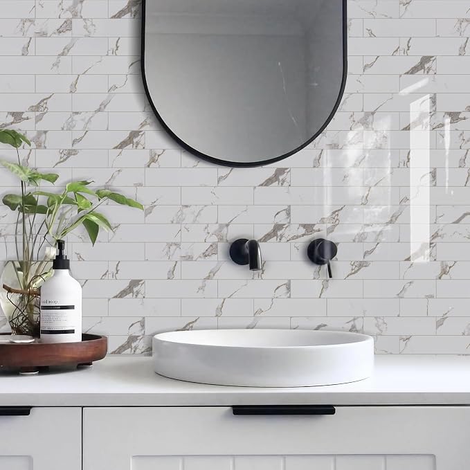 Vamos Tile Peel and Stick Backsplash, Glossy 40-Piece 3''x12'' Subway Tile | White Marble with White Grout Wall Tile,PVC Faux Stone Stick on Subway Tiles for Kitchen,Bathroom,Laundry,Camper