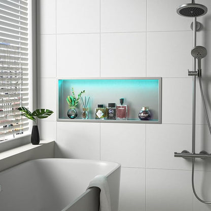 Led Shower Niche 30" X 12" Brushed with RGB Light 304 Stainless Steel Niche Shower for Bathroom Storage Waterproof Hardwired Dimmable Horizontal Installation