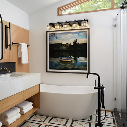 35.43" Black Crystal Bathroom Vanity Light 5-Lights Modern Bathroom Lighting Fixtures Over Mirror, Crystal Wall Light