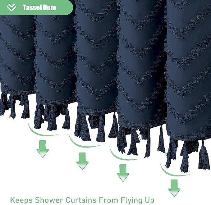 Long Boho Farmhouse Shower Curtain Tufted Chevron 72x78 Navy Blue | 78 Inch Tall, Elegant Tassel, Lightweight Textured Fabric, Water Repellent, Washable, Hotel Spa, for Bathroom/Dorm 12 Hooks