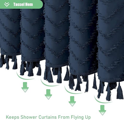 Long Boho Farmhouse Shower Curtain Tufted Chevron 72x78 Navy Blue | 78 Inch Tall, Elegant Tassel, Lightweight Textured Fabric, Water Repellent, Washable, Hotel Spa, for Bathroom/Dorm 12 Hooks