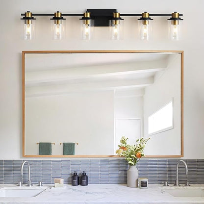 LOUSACE Bathroom Light Fixtures Black and Gold, 6 Light Bathroom Vanity Light, Modern Bathroom Light over Mirror with Clear Glass Shades, Brushed Gold Socket Wall Vanity Lighting Fixtures for Bathroom